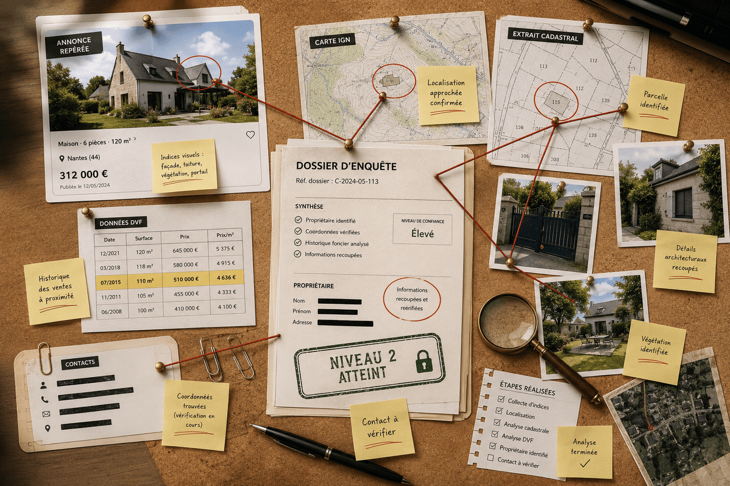 Tableau de dossier d’enquête avec cartes, annonce, cadastre et documents